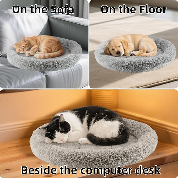 Cat Bed Mat 19.5" Round Pad with Pillow Around, Warm Plush Cushion for Small to Medium Dogs Cats Sleep/Nap, Neck Protection Mattress, Non-Slip Washable, Large
