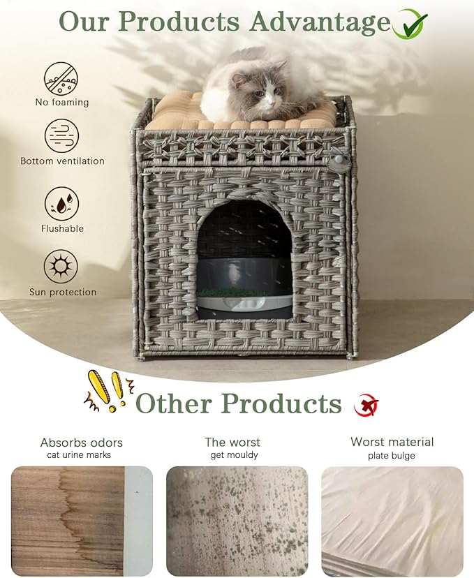 SETVSON Cat Litter Enclosure with Hidden Litter Mat and Rattan Cat House, Supports Two Litter Boxes, Ideal for Living Room or Bedroom (Gray)