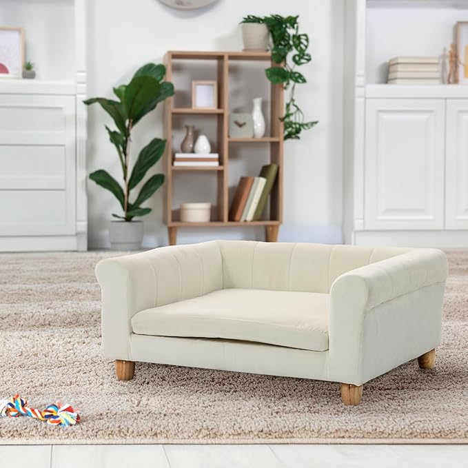 CRITTER SITTERS 33” Faux Suede Ped Bed in Cream, Durable Washable Sofa Couch for Small & Medium Cats & Dogs, Must Have Accessory for Yorkies, Shih Tzus & Frenchies, Kitten & Puppy Essential Furniture