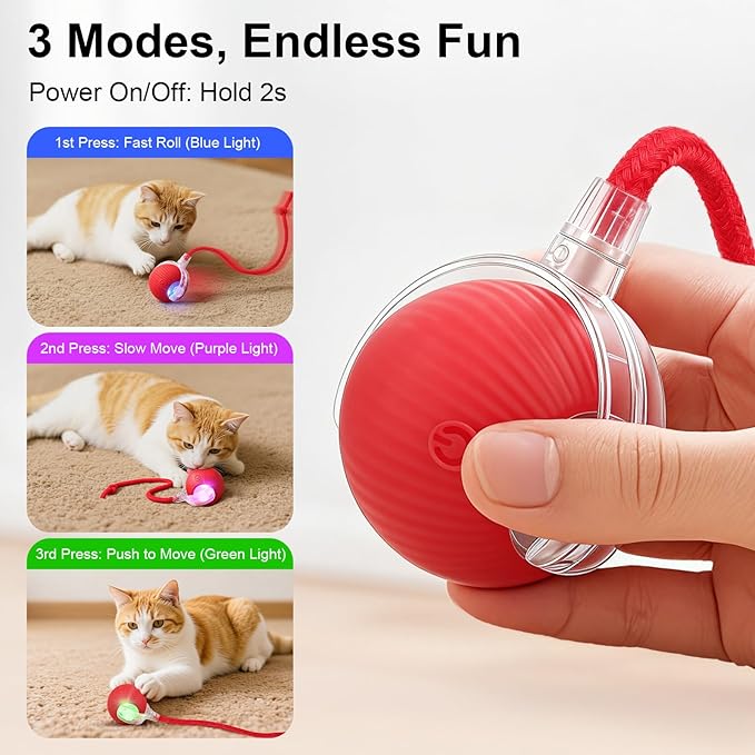 Smart Interactive Automatic Electric Rolling Moving Rechargeable Motion Activated Self Solo Play Electronic Stimulation Chase Teaser Ball Toy with Rope for Indoor Bored Adult Cat and Dog, Yellow