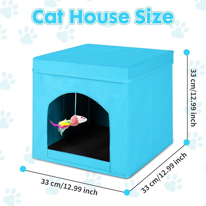 ShellKingdom Collapsible Cat House, Foldable Kitty Cat Cube and Cat Cave with Bed, Cat Stool Condo for Indoor Cats, 13 x 13 x 13 inches (Blue)