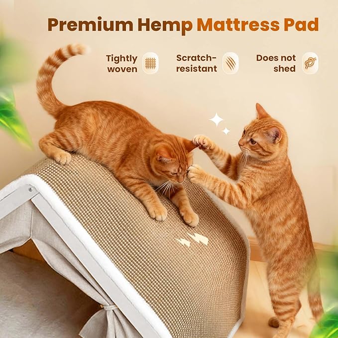 Cat Houses for Indoor Cats - 4 Seasons Cat Bed Cave with Natural Sisal Cat Scratcher Mat, Solid Wood Frame Cat House with Curtains and Cat Floor Scratching Pad Rug, Protect Couch and Carpets, S