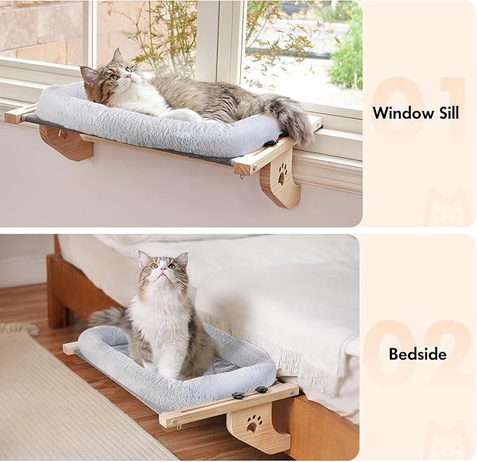 AMOSIJOY Cat Sill Window Perch Sturdy Hammock Window Seat with Cushion Bed Cover, Wood & Metal Frame for Large Cats, Easy to Adjust Cat Bed for Windowsill, Bedside, Drawer and Cabinet(Cushion Bed)