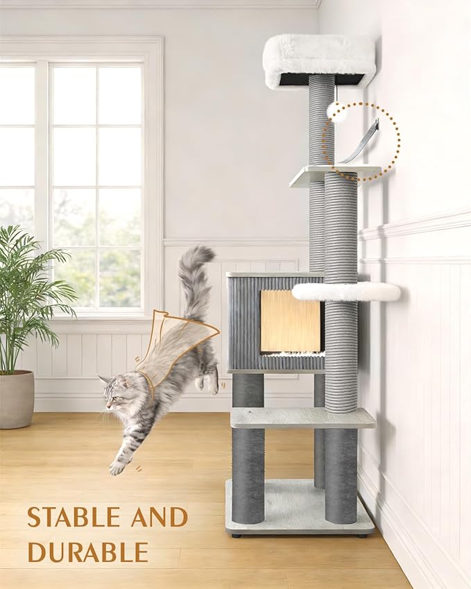 Maine Coon Cat Tree for Large Cats, Modern Cat Tree Tower with Plush Platforms, Heavy Duty Cat Trees for Indoor Cats Large Adult, Gray Sisal Posts, Scratching Post for Indoor Cats