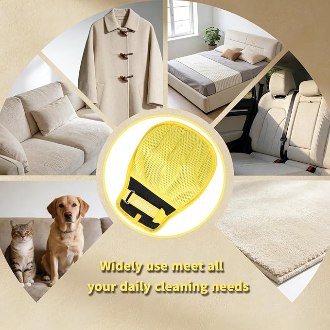 VINGER Pet Hair Removal Glove for Cats & Dogs, Electrostatic Pet Hair Gloves with Adjustable Wristband, Five-Finger Magic Brush Remover Tool for Laundry, Carpet, Couch, Car Seats & Clothing (Yellow)
