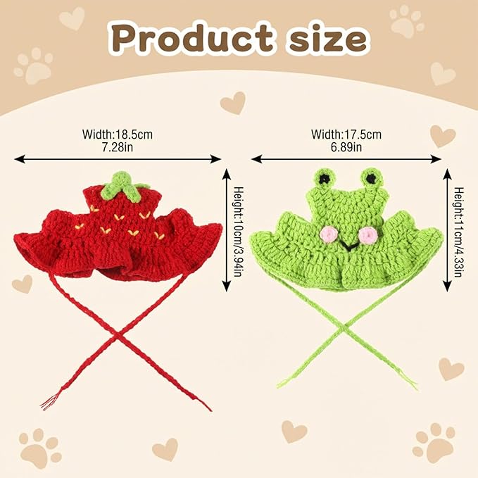 2Pcs Strawberry and Frog Cat Hat, Crochet Hats for Kitten Soft Cotton Cute Knitted Hat Christmas Birthday Halloween Party Costume Accessory for Kitten Small Pets