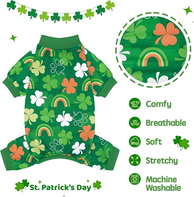 XPUDAC Dog Pajamas St. Patrick's Day Soft Dog Onesie Shamrock Puppy Clothes Comfy Stretchy Pet Outfit for Small Medium Dogs, M