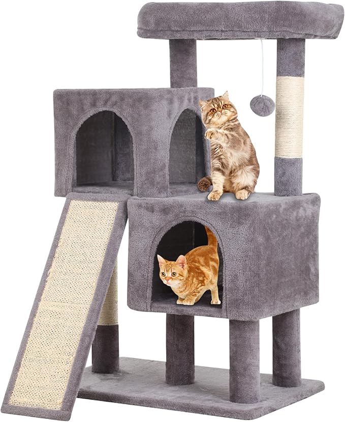36 Inches Cat Tree for Indoor Cats, Multi-Level Cat Tower with Scratching Posts, Ramp, Plush Perch & 2 Condos, Stable for Multiple Cats Kittens House & Small Room(Ashy)