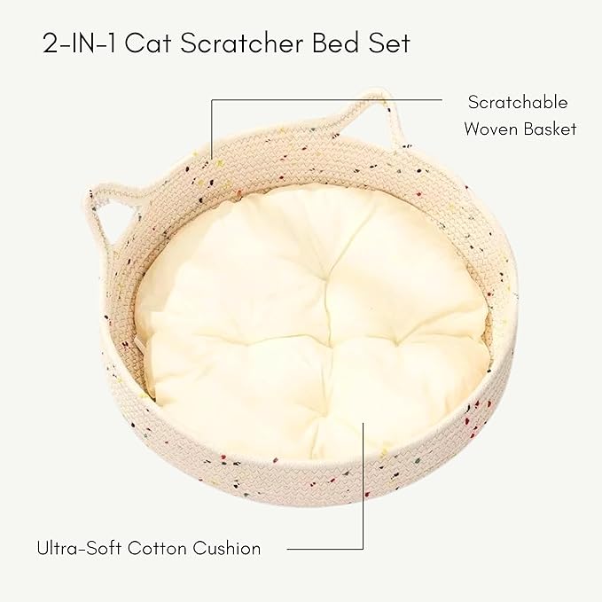 Cat Bed for Indoor Cats, 2-in-1 Cat Scratcher Bed, Round Washable Woven Basket with Soft Cushion, Cozy Kitten Bed, 17.7" x 5.9"