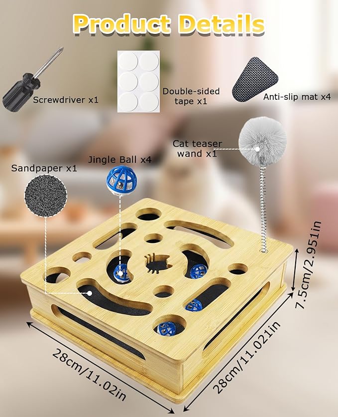 Cat Nail File Scratcher Enrichment Box, Thickened Bamboo Wooden Claw Saver Box for Cats, Scratch Puzzle Box with Sandpaper Inside
