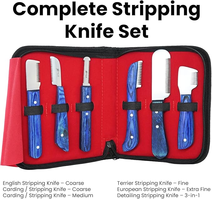 Dog Grooming Stripping Knife Set – 6-Piece Stainless Steel Hand Stripping Tools with Wooden Handles – Coarse, Medium, Fine & Extra-Fine Knives for Dogs, Cats & Wire-Coated Pets (Blue)