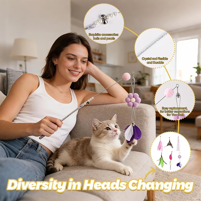 Cat Wand Toys for Indoor Cats to Relieve Boredom - 4-in-1 Interactive Teaser Wand with Realistic Bird Chirping Sound, Bouncy Ball & Feathers for Adult Cats and Kittens