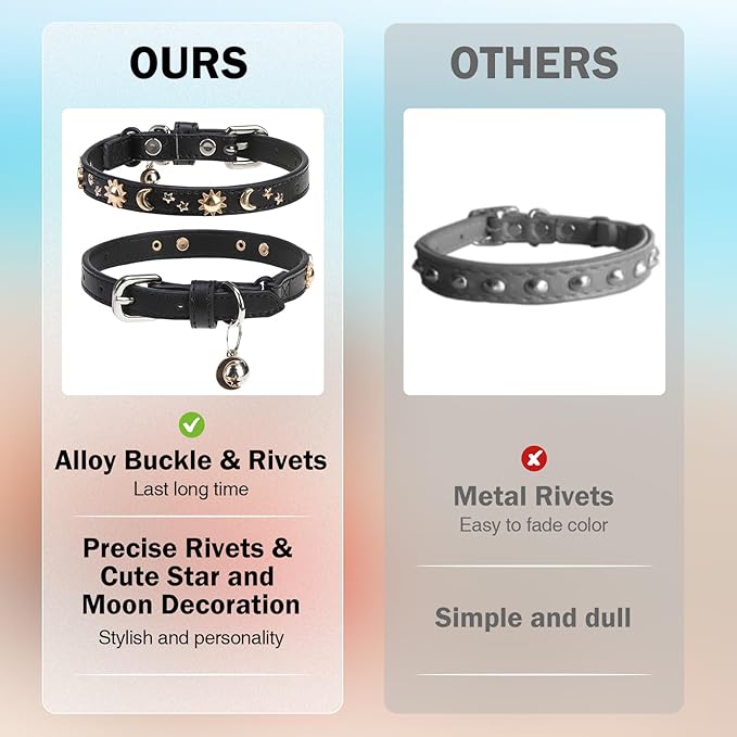Leather Cat Collars for Boy Girl Cats with Bell and Safety Elastic Belt, Personalized Rivets Stud Adjustable Safe Buckle Collar with Moon Charm for Kitty Small Pets, Black 8"-12"