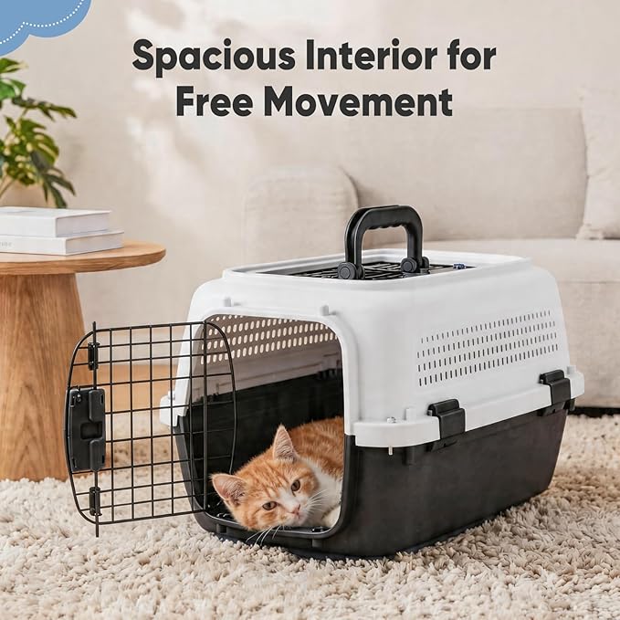 DUMOS 23" Hard-Sided Pet Carrier for Small Dogs & Cats, Airline Approved Travel Crate with Enhanced Security Latches, Front & Top Load Wire Door, Food Bowl for Traveling, Hiking, Camping (White&Black)