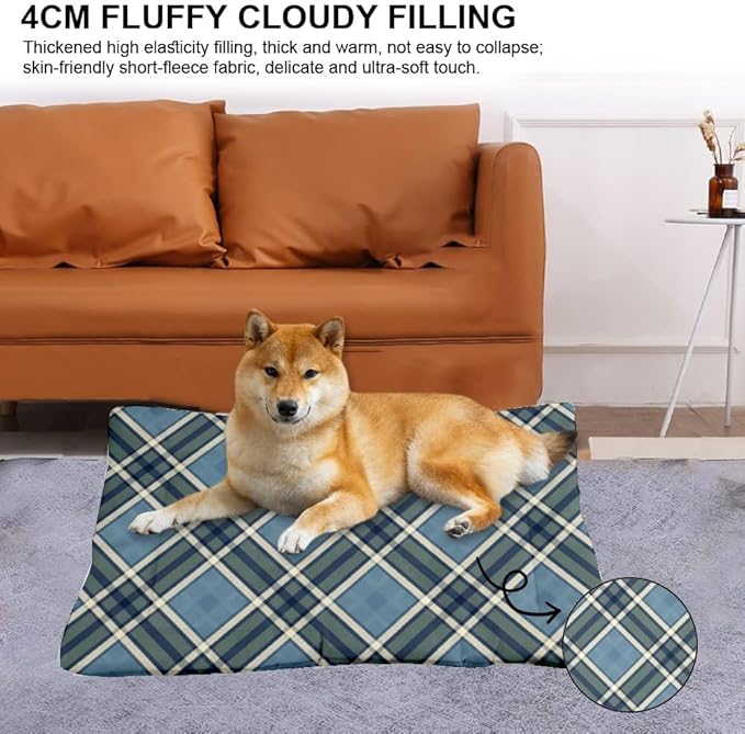 White Green Blue Plaid Crate Bed Non Slip Bottom Washable Pet Mat Cozy Soft Backseat Pet Bed Mat Furniture for Dogs Printed Cat Gift Rectangle Dog 36× 24 Inch Indoor Outdoor