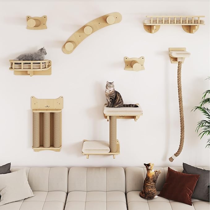 BYBYME 8 Pcs Cat Wall Climbing Set, Wood Cat Furniture with Scratching Posts, Kitten Perch, 100CM Sisal Rope & Cat Bed, Wall Mounted Cat Shelves for Sleeping, Playing & Relaxing（Natural Wood）