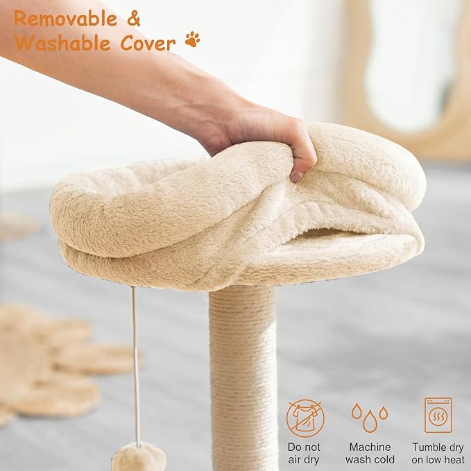 Goozii Cat Scratching Post Tower for Indoor Cats, Small Cat Tree Tower with Bed and Hanging Ball Toys, Short Modern Carpet Kitten Scratcher Stand with Large Round Perch and Scratch Ramp (Beige)