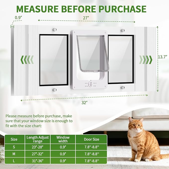 Aluminum Frame Cat Door for Window with Magnetic Auto Closure, Adjustable Width Quick-Fit Pet Door for Window Insert, Suitable for Most Medium Cats & Small Dogs (M: 28''-32'')