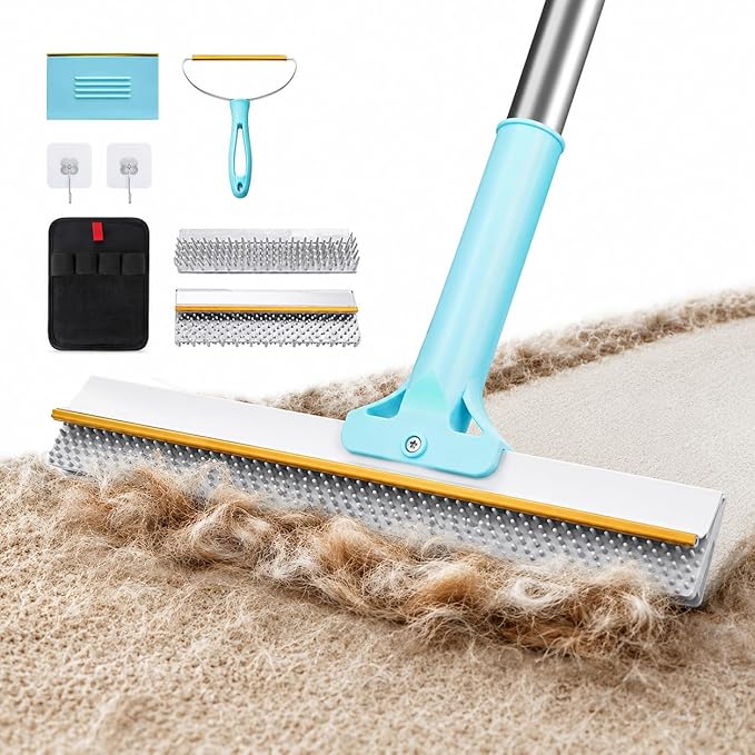 [Pet Days 2026] Lazyfeel Pet Hair Remover Rake - Adjustable 18-54" Pole, Double-Sided Rubber Brush for Carpet, Furniture, Stairs & Car,Includes Washable Pads, Handheld Brush & Wall Hook