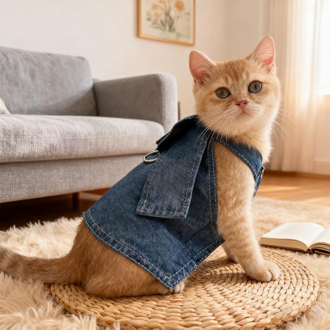 Denim Pet Dress & Vest Harness for Dog Cat, Male Female Universal with D-Ring, Bow Decor Ruffled Skirt Breathable Clothes for Small to Large Pets (Medium, Jacket-Cyan Denim)