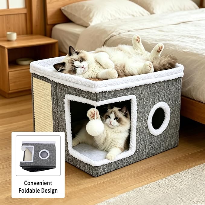 Foldable Cat Cave Bed for Indoor Cats, Cat Hideaway House with Hanging Fluffy Ball & Scratch Pad, Side with Toy Storage and Summer Cooling Mat, 16.14x16.14x12.2 Inches, Grey