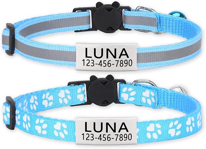 Personalized Cat Collar - 2 Pack Breakaway Reflective Adjustable Collars with Bell & Name Tag for Boy & Girl Kittens,Customized Engraved Nameplate Pet Tag for Cat Collar(Sky Blue)