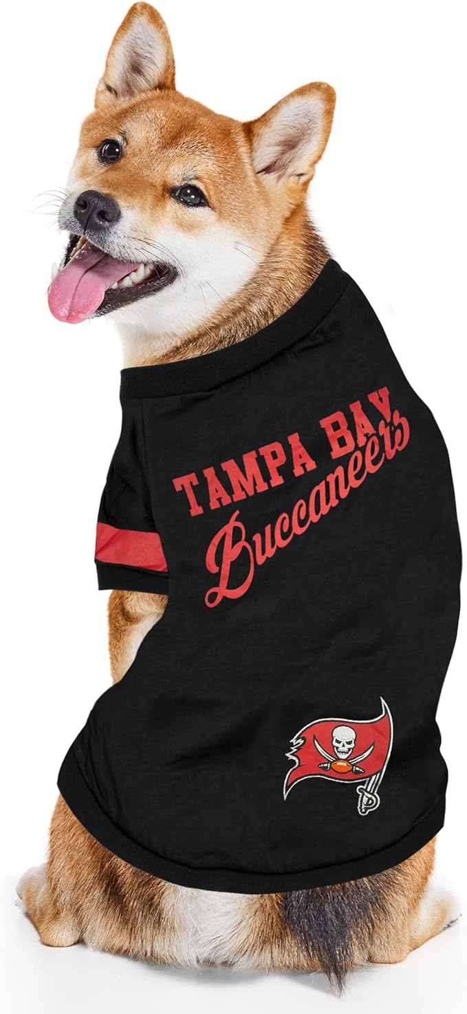 Pets First Tampa Bay Buccaneers Dog & Cat T-Shirt - Medium, New Striped Design, Durable & Cute Sports PET TEE Outfit (TBB-4146-MD)