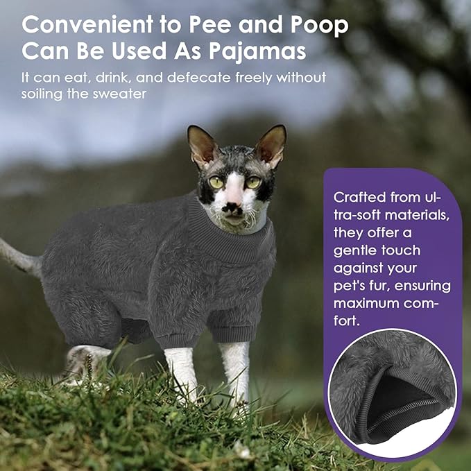 Sphynx Hairless Cat Sweater, Full Body Warm Fleece Sweaters with Sleeves for Cats, Soft Turtleneck Cat Clothes, Cozy Pullover Pajamas for Hairless Cats Devon, Donskoy & Small Dogs, Grey XL