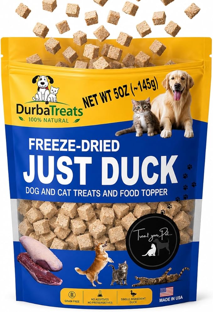 Freeze Dried Duck Large Pack Raw Dog & Cat Treats - Single-Ingredient Snacks, Food Topper Increase Appetite. Ideal for Pets with Allergies. Weight Control, Training Bites, High Protein (5 Ounce, Duck)