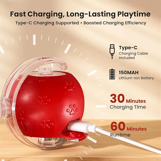 Rocfish Cat Toys, Cat Toys for Indoor Cats, Cat Toys Interactive, 360° Rotating Automatic Interactive Cat Ball, Smart Activation, LED Light, Type-C Rechargeable, 3 Replaceable Dragonfly Tails (Red)