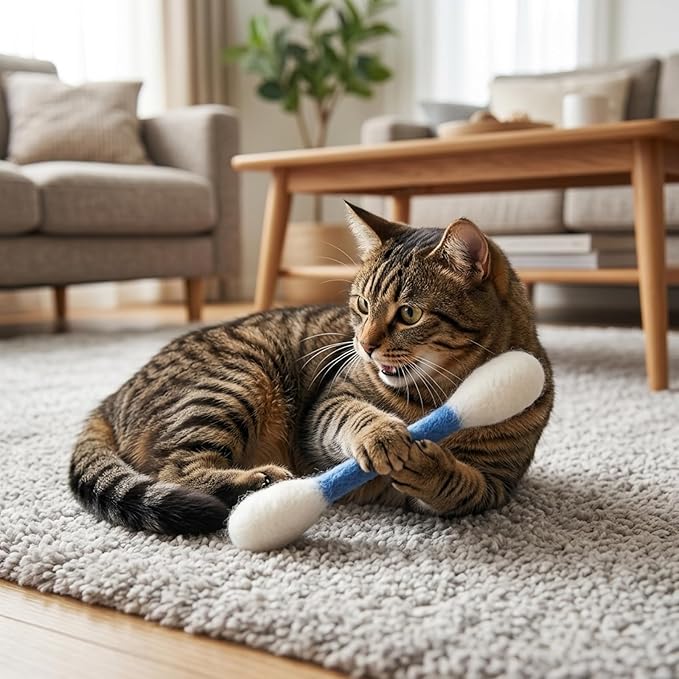 7-Piece Set 5.9inch giant q tip cat toy and 8inch Mint linen imitation fish,Qtip Cat Toy for Interactive Play Sessions and Anxiety Relief, Giant Qtip Toy for Indoor Cats with Stomach Discomfort