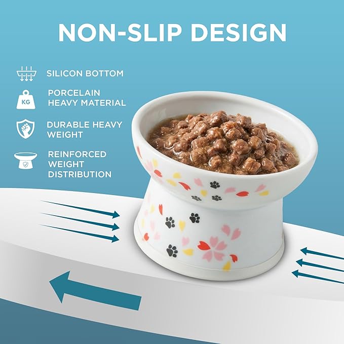 Necoichi Raised Cat Food Bowl – Ceramic Elevated Cat Bowl for Whisker & Neck Fatigue, Dishwasher Microwave Safe – Non-Slip & Anti Vomiting Ergonomic Design (Sakura Floral, Regular, 1-Cup Capacity)