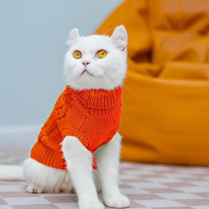 PUPTECK Winter Cat Sweater Coat - Soft Warm Cold Weather Clothes Knitwear for Kittens & Small Dogs Indoor Outdoor Wearing, Knitted Classic for Doggies Kitties Girls Boys, Orange, L