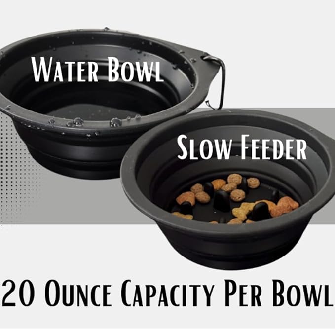 Dog Bowl Pet Collapsible Bowls, 2 Pack Collapsible Dog Water Bowls for Cats Dogs, Portable Pet Feeding Watering Dish for Walking Parking Traveling with 2 Carabiners (Large, Black+Black)