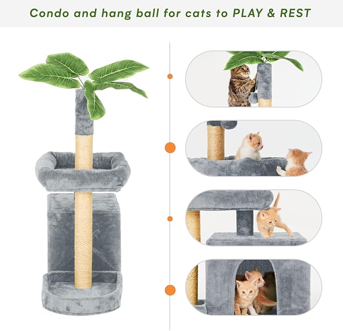 31.5" Cat Tree Tower for Indoor with Green Leaves, Cat Condo Cozy Plush House with Hang Ball and Leaf Shape Design, Cat Furniture Pet House with Scratching Posts, Grey