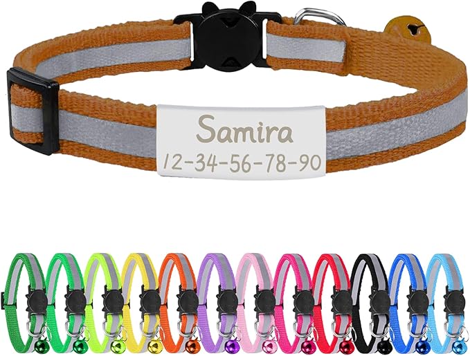 CAMAL Reflective Cat Collar Personalized with Pet ID Tag, Safety Breakaway Cat Collar with Name Tag, Brown Kitten Collar with Bell for Boy Girl Cats Puppies