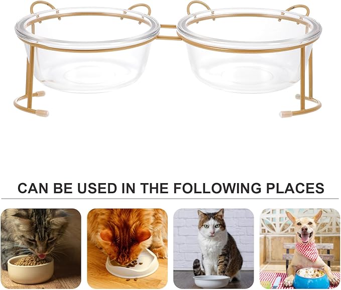 Outanaya Glass Double Pet Feeding Bowl Set with Raised Gold Iron Stand 2-Compartment Glass Cat and Dog Bowl for Household Feeding and Watering for Cats and Dogs