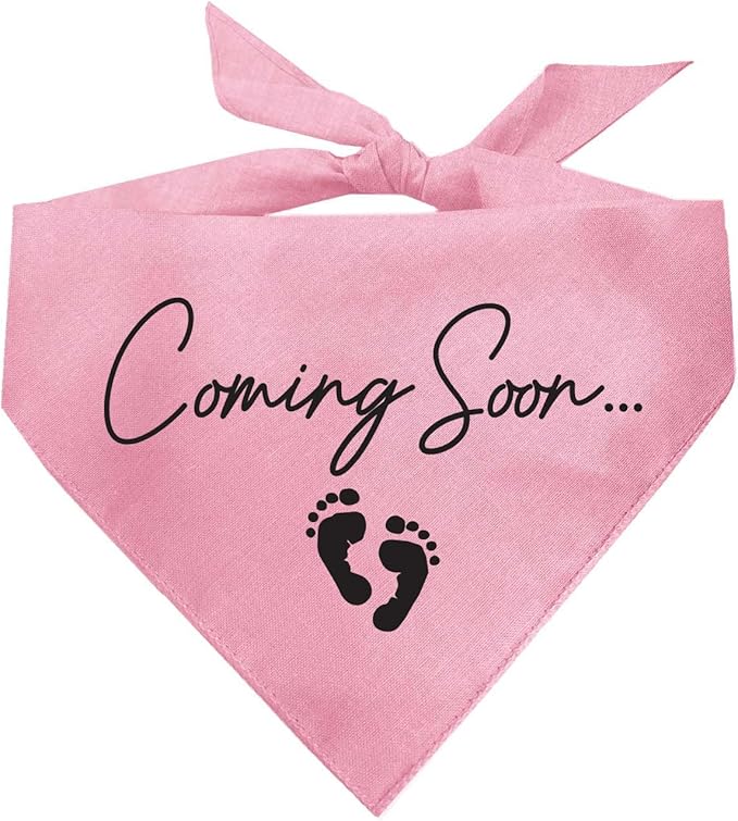 Coming Soon Dog Bandana | 100% Cotton Adjustable Triangle | Made in USA | Pregnancy Announcement | Photoshoot Prop | New Baby | Gender Reveal |Baby Pink, X-Small (769)