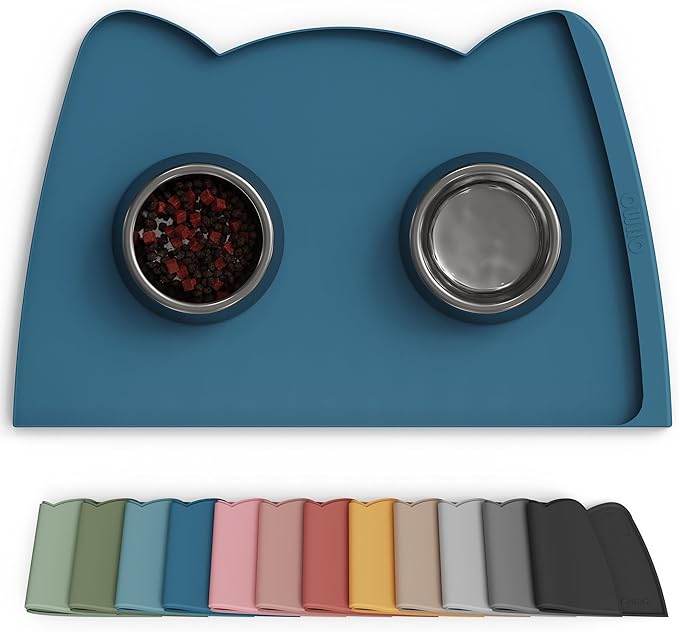 OHMO Dog Food Mat(Teal, 24 * 15'') w/Residue Collection Pocket Silicone Pet Feeding Mat for Floor High Edges Anti Spills Waterproof Cat Water Bowl Tray, Easy Clean Placemat
