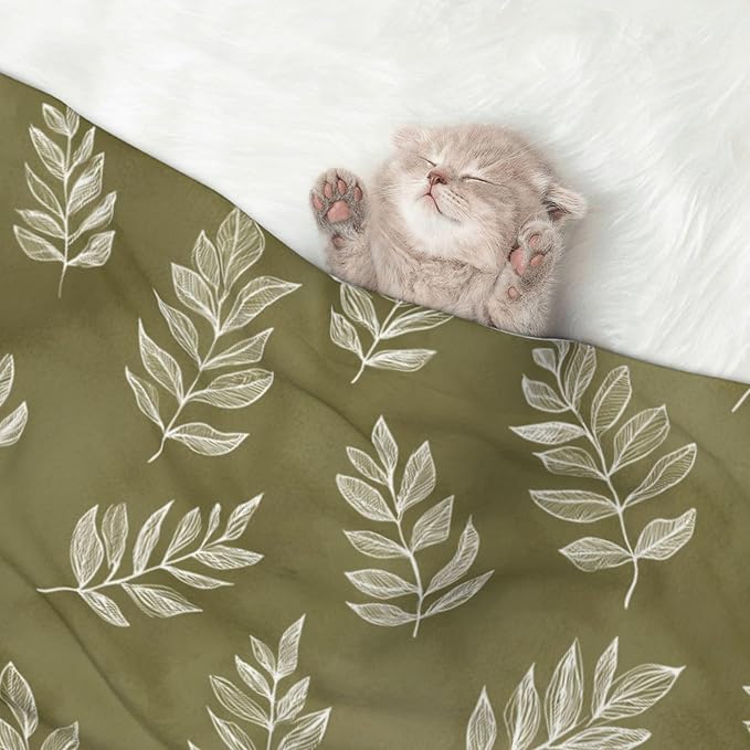 Cat Dog Blanket Cream Leaf Outlines On Olive Green Ultra Soft Warming Mat for Indoor Pet Beds Furniture 27.6 X 19.7inch
