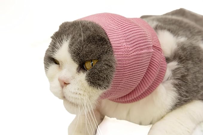 Cat Ear Cover Head Covering Ear Anxiety Relief Calming Neck Ear Covers for Cats Bath Wine+Blue-S