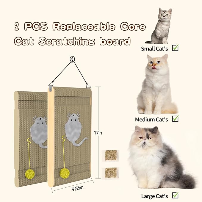 Cat Scratching Board. Cat Scratcher for Indoor Cats with Catnip. Cardboard Cat Scratcher with Mouse Logo and Hanging Ball Toy. Cat Scratch pad with Double-Sided Usability (Pack of 2)