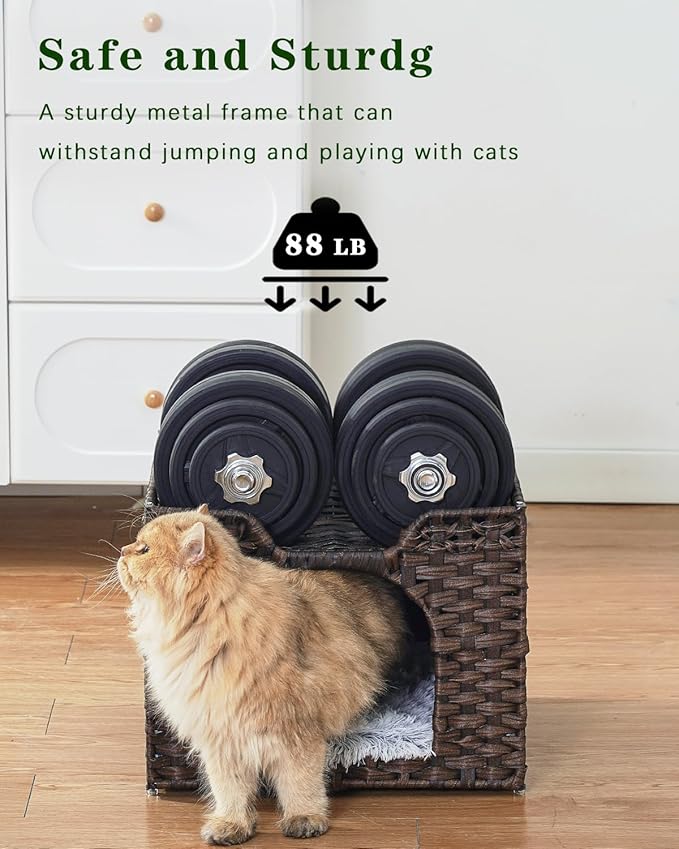 SETVSON Cat Beds Indoor Kitten House, Handwoven Rattan Cat Cave Pet Cube, Large Cat Houses, One Bed Mat, Foldable, Hideaway, 16.5x16.5x13.2 Inches, 2 S-Shaped Hooks in Living Room Bedroom Brown