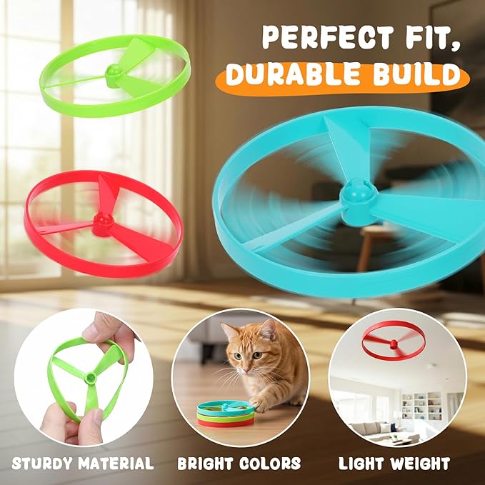 Interactive Cat Fetch Toy - 15 PCS Flying Spinners for Disc Launcher Toy Best Cat Hunting Toys for Indoor Outdoor Cats (15, Blue&Green&Red)
