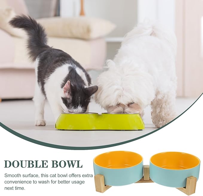 Toyvian Ceramic Elevated Cat Bowls with Double Pet Dish Matte Blue and Yellow Interior, Small Size with Stand for Home Feeding and Watering Supplies