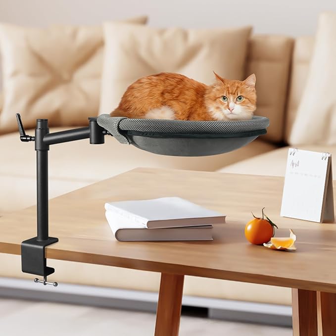 Cat Desk Bed - Sturdy Cat Bed for Desk with 360° Rotating & Adjustable Height, Elevated Cats Nest Perch for Desk, Grey