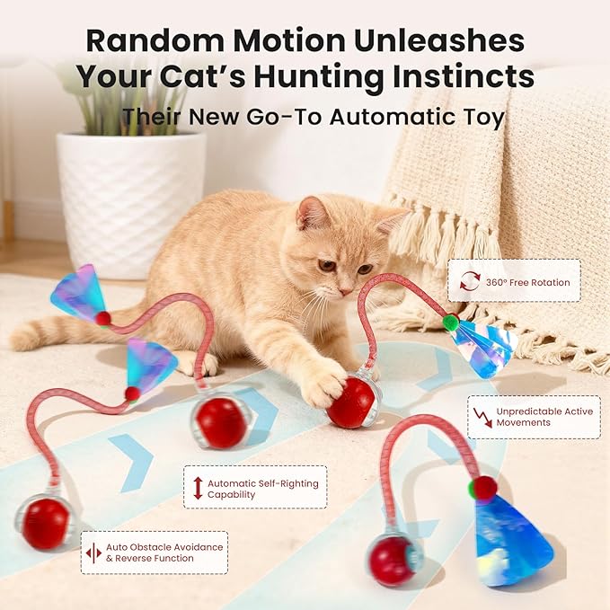 Rocfish Cat Toys, Cat Toys for Indoor Cats, Cat Toys Interactive, 360° Rotating Automatic Interactive Cat Ball, Smart Activation, LED Light, Type-C Rechargeable, 3 Replaceable Dragonfly Tails (Red-N)