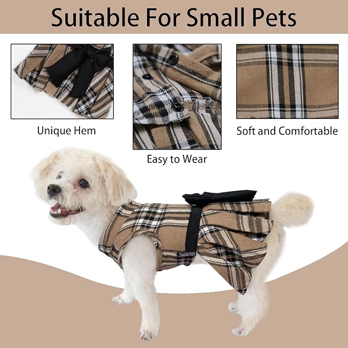 Pet Dresses for Small Dogs Cats Girl, Cute Princess Bowknot Dress Puppy Shirt All Weather Skirt Clothes Cat Apparel for Birthday Wedding Party Holiday (Khaki&Black, Small)