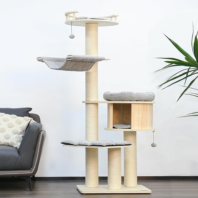 KAMABOKO Tall Cat Tree, 68" Large Cat Tower Multi-Level Platforms with Sisal Scratching Posts, Cat Tree for Large Cats 20 lbs Heavy Duty, Cat Condo Furniture for Active Cats, Top Fence Safety