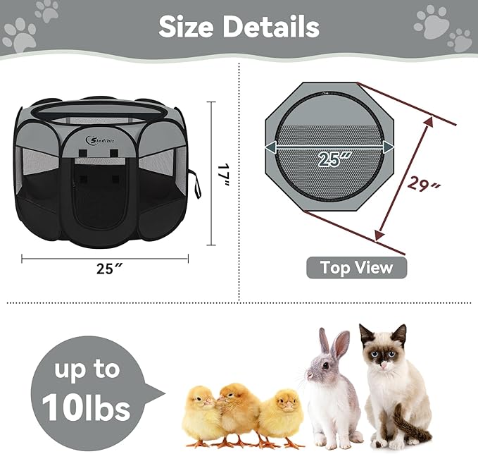 Siedihit Dark Grey Dog Cat Playpen, Puppy Pet Playpen, Small Dogs Tent Crates Cage Indoor/Outdoor, Portable Pop Up Dog Kennel Playpen with Carrying Case for Dogs/Cats/Rabbits